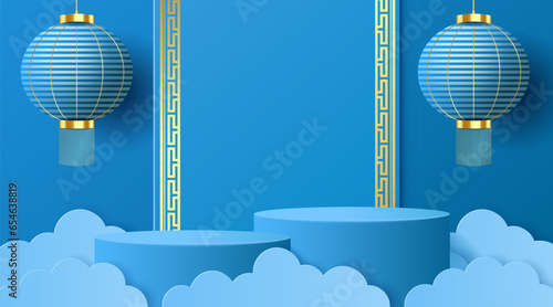 Paper cut style of blue cylinder podium for products display presentation, Chinese new year, Chinese Festivals, Mid Autumn Festival, poster, greeting card, Vector illustration.