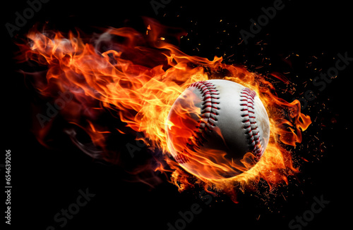 Flying baseball ball in flames on pure black background