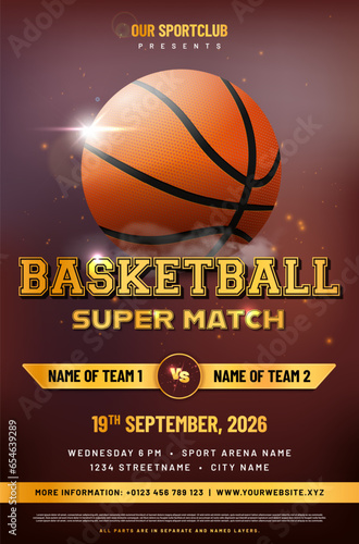 Basketball match poster template with ball and sample text