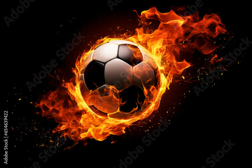 Flying soccer ball in flames on pure black background