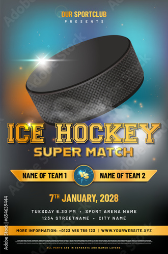 Ice hockey match poster template with puck and sample text