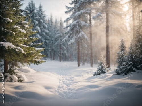 Winter Forest in the Morning: Serene Snowy Landscape, Frosty Trees, Golden Morning Light, Tranquil Nature Scene