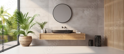 Modern contemporary loft style bathroom with tropical nature view Concrete tile floor and wall wooden sink counter and circle mirror