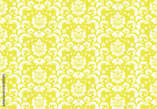 Wallpaper in the style of Baroque. Seamless vector background. White and yellow floral ornament. Graphic pattern for fabric, wallpaper, packaging. Ornate Damask flower ornament
