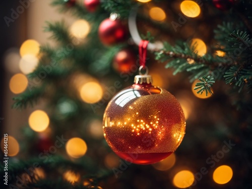 Soft-focus Christmas tree ball hanging, warm bokeh lights in blurred background."