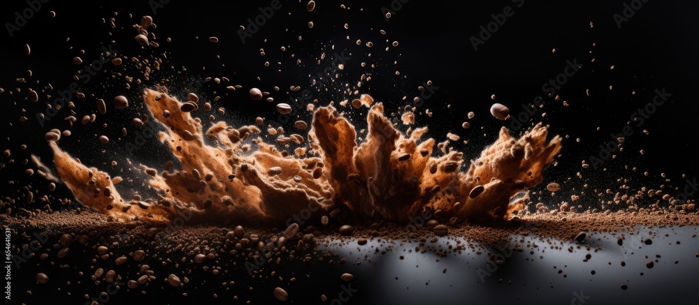 Coffee beans exploding on black backdrop - obrazy, fototapety, plakaty 