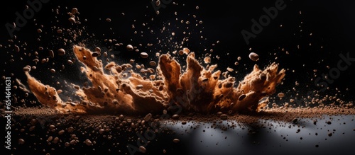 Coffee beans exploding on black backdrop