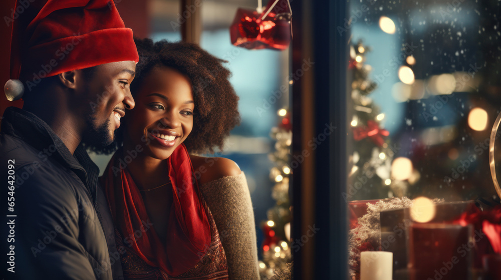 Loving couple celebrating Christmas at home. Man and woman in a seasonal winter interior. The concept of holidays.