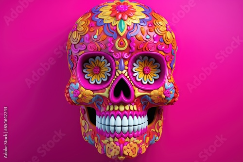 colorful sugar skull on vivid pink background, day of the dead, dia de muertos, Generative AI
