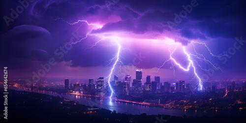 Thunderstorm with lightnings in stormy sky above city dramatic weather background ,digital,Lightning storm over city in blue light,AI Generative 