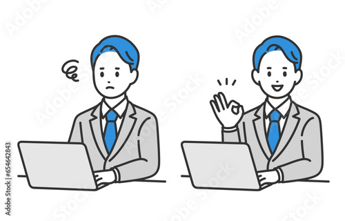 パソコンを見て悩む･OKポーズをするビジネスパーソン男性のセット【人物ベクターイラスト素材】
