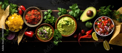 Top view of Mexican food background featuring ingredients on black background including guacamole salsa and cheesy sauces