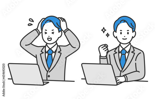 パソコンを見て焦る･ガッツポーズをするビジネスパーソン男性のセット【人物ベクターイラスト素材】