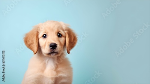Portrait of a puppy golden retriever dog on a blue background. Generative AI.