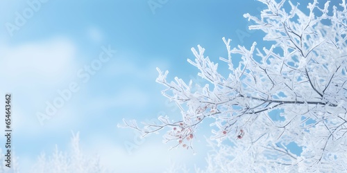 Blue background with winter season concept, snow and trees and copy space. Generative AI.