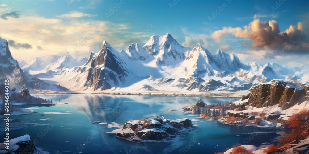 Illustration of a Large Snowy Mountain Landscape with a Lake Below. Winter Mountains