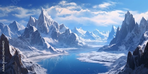 Illustration of a Large Snowy Mountain Landscape with a Lake Below. Winter Mountains © Resdika