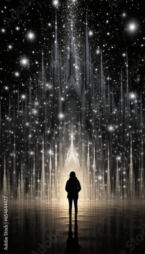 A boy standing alone while stars are falling - background - Christmas. - abstract - snowing - snow- mystical - new universe - surrealism - ethereal fantasy - black and white - monochrome - book cover
