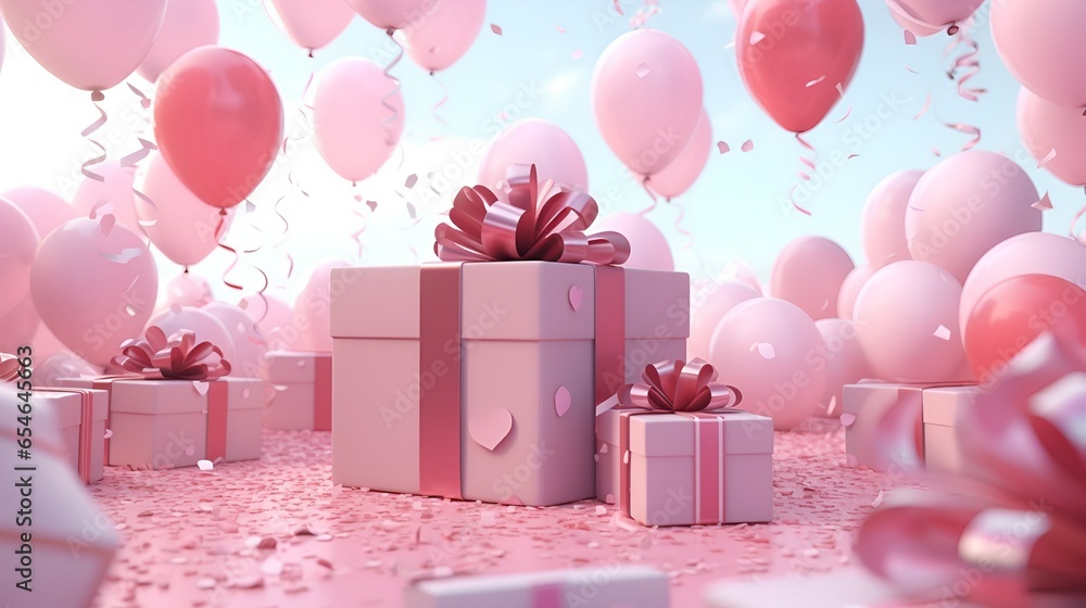 pink gift box with boxes and balloons. generated by ai pink gift box with boxes and balloons. generated by ai
