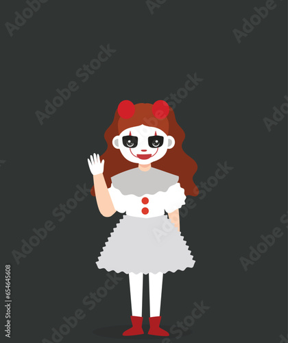 vector illustration girl character using scary evil clown wearing a dirty and ragged costume with a blank background at halloween party 