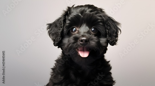 portrait of a black dog isolated on grey background, copy space background. generated by ai
