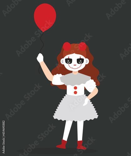 vector illustration girl character using scary evil clown wearing a dirty and ragged costume with a blank background at halloween party 