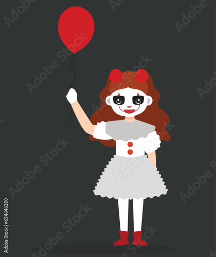 vector illustration girl character using scary evil clown wearing a dirty and ragged costume with a blank background at halloween party 