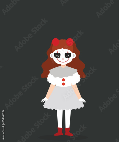 vector illustration girl character using scary evil clown wearing a dirty and ragged costume with a blank background at halloween party 