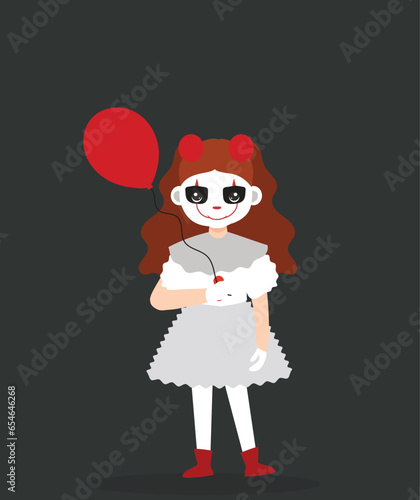 vector illustration girl character using scary evil clown wearing a dirty and ragged costume with a blank background at halloween party 