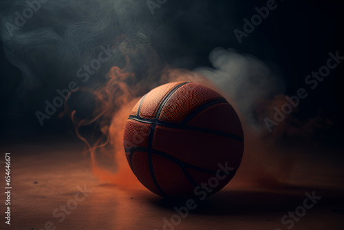 Basketball on the floor in colored smoke