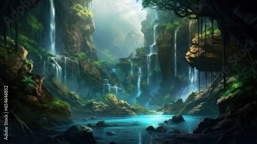Beautiful Fantasy Scenery Landscape Background of Waterfall in a Lush Jungle. Lake, Ancient Ruins & Cave in a Rain Forest Wallpaper. Generative AI Illustration.  © Tuyres