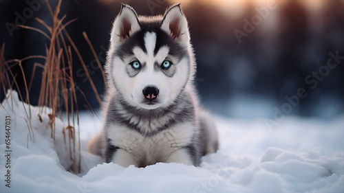 Siberian Husky puppy in the snow.