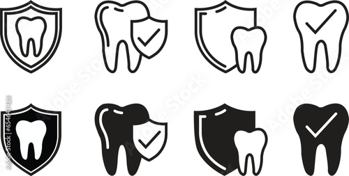 set of Dental Care icons. flat Dental Shield Tooth Protection. linear Healthy teeth and shield, anti-caries and protection bacteria. Teeth, insurance symbol collection isolated on transparent.