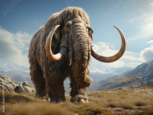 A Woolly Mammoth with Vast Pastures and Mountains Background © Resdika
