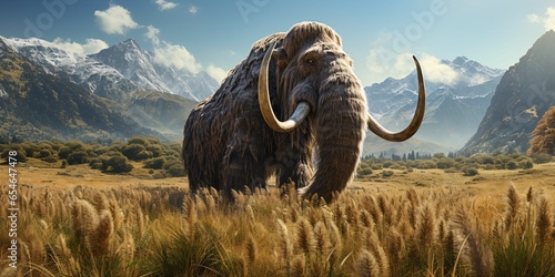 A Woolly Mammoth with Vast Pastures and Mountains Background photo