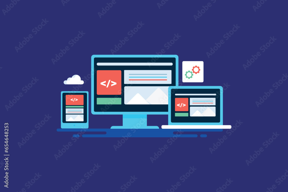 Responsive design development, website management application on digital device screen, laptop, desktop, and smartphone. Vector illustration.
