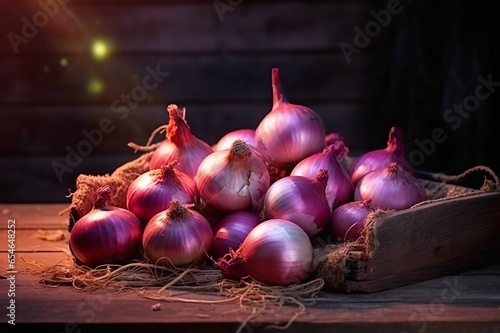 Red Fresh Onions on Wooden Table