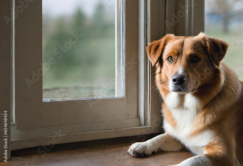 Dog. Window. Curious. Pet. Indoor. Gazing. Canine. Domestic. Cozy. Home. Observer. Daydreaming. Relaxation. Silhouette. Natural Light. Peaceful. Companion. Indoor Scene. AI Generated.