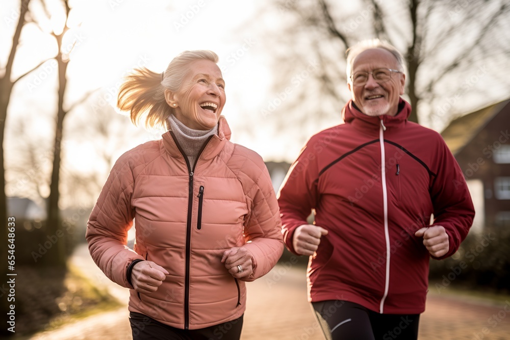 Happy elderly couple enjoying jogging time in winter on sunny day Happy elderly couple enjoying jogging time in winter on sunny day