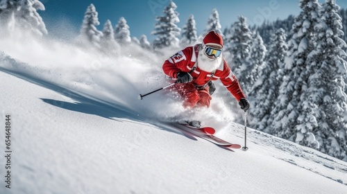 Santa Claus skiing down a snow hill 