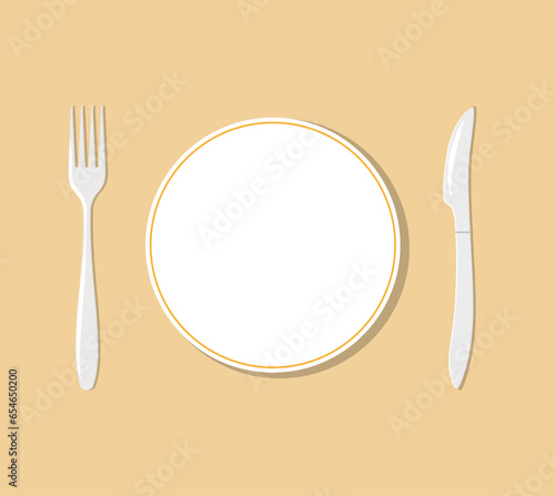 Vector plate, knife and fork. Plastic dishes. Flat design.