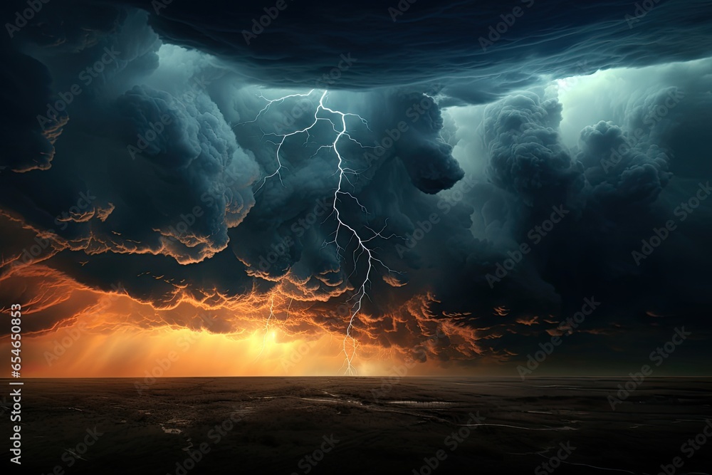 impressive thunderstorm on the horizon - obrazy, fototapety, plakaty 