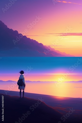 silhouette of a person walking on the beach at sunset