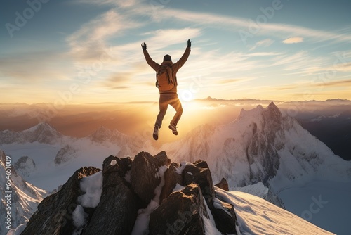 Portrait of male traveler jumping on snow mountain peak enjoying nature view at sunrise