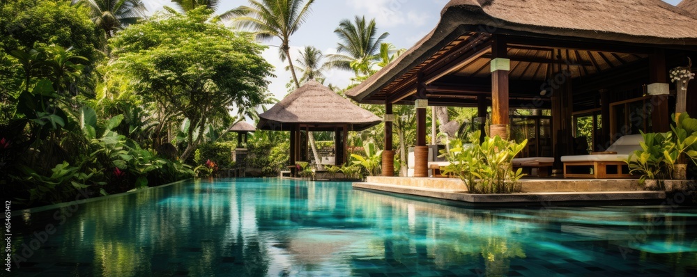 Photo of a tropical oasis with a sparkling pool and lush palm trees