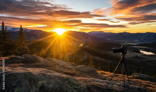 Photo of a camera on a tripod capturing a breathtaking mountain view