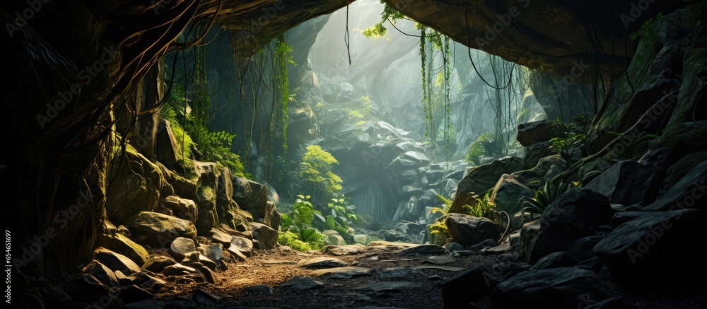 Mysterious cave corridor leads to green forest - obrazy, fototapety, plakaty 