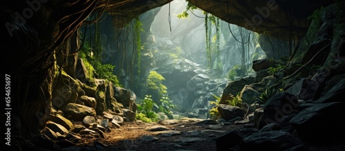 Mysterious cave corridor leads to green forest