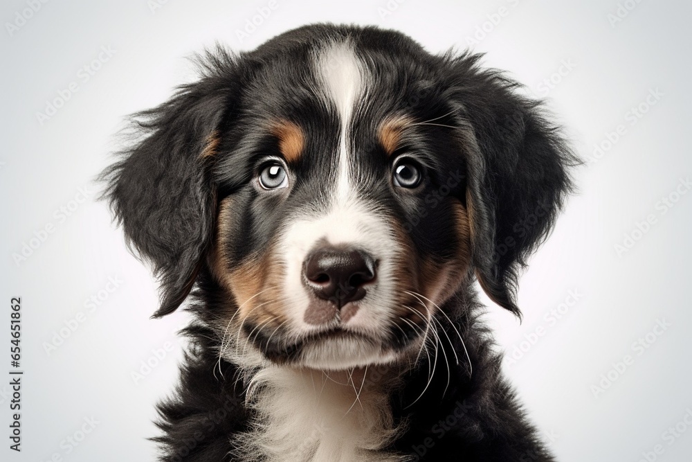 Generative AI : Close-up of a Bernese Mountain Dog puppy in front of a white background