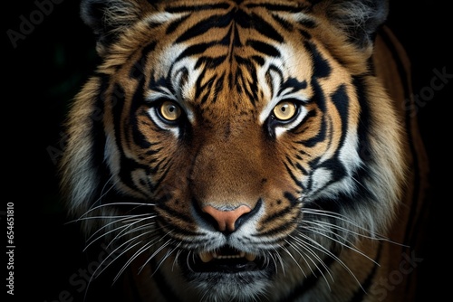 Generative AI   Bengal tiger face with eyes looking at the nature of the beast.